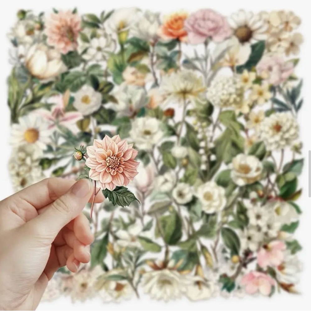 50 Long Stem Flower Stickers Floral Garden Neutral Colors
